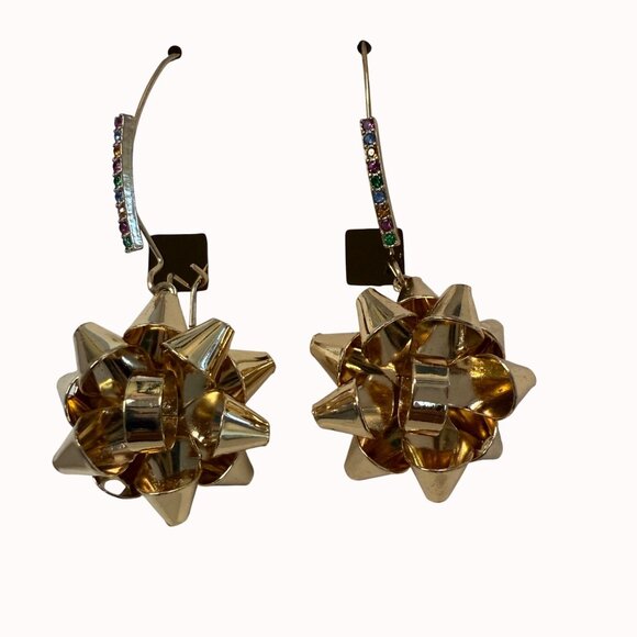 Betsey Johnson Gold-Tone Bow Dangle Earrings With Multicolor Rhinestones - Picture 2 of 8
